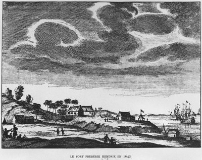 फोर्ट फ्रेडरिक हेंड्रिक, मॉरीशस का दृश्य, 1642 में, ली रैलिस एंबेलिसमेंट नीरलैंडैस ए मौरिस द्वारा प्रिंस रोलांड बोनापार्ट (1858-1924) 1890 का चित्र द्वारा फ्रेंच स्कूल