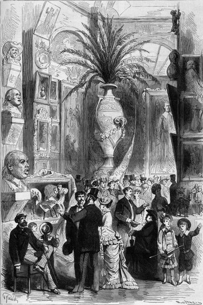 1881 में मिलान में आयोजित ललित कलाओं की प्रदर्शनी की पैरोडी "" L'indisposizione di Belli arti"" का दृश्य। जेनेट द्वारा "" द इलस्ट्रस वर्ल्ड" में उत्कीर्णन n°1275 सितंबर 3 द्वारा फ्रेंच स्कूल
