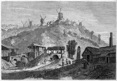 1860 में पेरिस शहर में शामिल होने से पहले 1859 में मोंटमार्ट्रे का दृश्य। सादे सेंट डेनिस से लिया गया दृश्य। 24 दिसंबर 1859 के "" ले मोंडे इलस्ट्रे"" एन °141 में उत्कीर्णन। द्वारा फ्रेंच स्कूल
