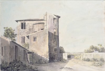 दक्षिणी फ्रांस के एक गाँव का दृश्य, c.1800 (कागज पर wc) द्वारा फ्रेंच स्कूल