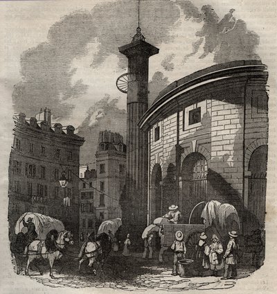 पेरिस में हाले औबल का दृश्य (1763-1769 में निर्मित) और मेडिसी स्तंभ, 19वीं शताब्दी की शुरुआत में उत्कीर्णन - पेरिस में गेहूं और मकई का आदान-प्रदान (1763-1769 में निर्मित), 19वीं शताब्दी की शुरुआत में उत्कीर्णन - हाले औबल का दृश्य, वर्तमान Hotel de Sois . प द्वारा फ्रेंच स्कूल
