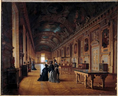 Musee de Louvre में गैलरी डी'अपोलोन का दृश्य आगंतुक चित्रों की प्रशंसा करते हैं। फ्रेंच स्कूल की पेंटिंग। लगभग १८८० सूर्य ०.४६x०.५५ मी. द्वारा फ्रेंच स्कूल