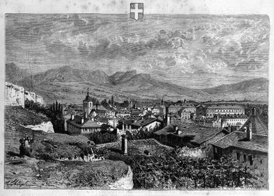 सेवॉय में चेम्बरी शहर का दृश्य। 1880 से "ला रिपब्लिक इलस्ट्री" निजी संग्रह में उत्कीर्णन। द्वारा फ्रेंच स्कूल