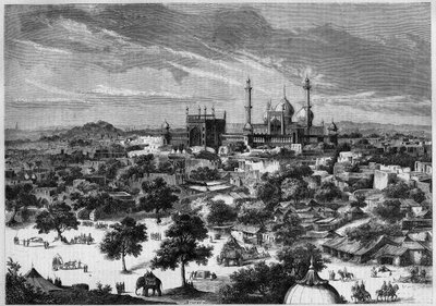 1857 में दिल्ली (भारत) शहर का दृश्य। प्रिंस एलेक्सिस सोल्टीकॉफ के एक स्केच से। बर्ट्रेंड द्वारा 29 अगस्त 1857 के "ले मोंडे इलस्ट्र्रे" एन ° 20 में उत्कीर्णन। द्वारा फ्रेंच स्कूल