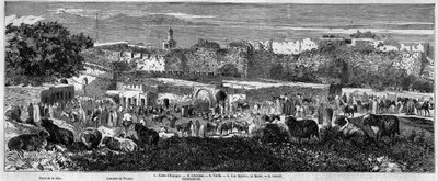अरब मार्च के दिन टैंजियर (मोरक्को) शहर का दृश्य। 1 अक्टूबर 1859 के "" ले मोंडे इलस्ट्रे"" n°129 में उत्कीर्णन। द्वारा फ्रेंच स्कूल