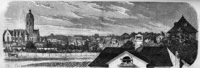 1857 में पाउडर केग के विस्फोट से पहले, मेंज (जर्मनी) में कस्तिच शहर के जिले का दृश्य। एक तस्वीर से। 19 दिसंबर 1857 के "" ले मोंडे इलस्ट्र्रे "" एन ° 36 में उत्कीर्णन। द्वारा फ्रेंच स्कूल