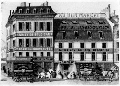 बॉन मार्चे स्टोर्स के बाहरी दृश्य, rue de Sèvres, पेरिस, c.1869 द्वारा फ्रेंच स्कूल