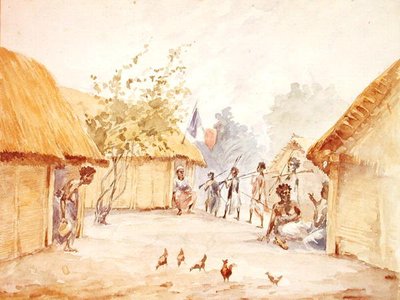 1895-96 में फ्रांस द्वारा अपनी विजय के समय मेडागास्कर का गाँव (कागज पर जल रंग) द्वारा फ्रेंच स्कूल