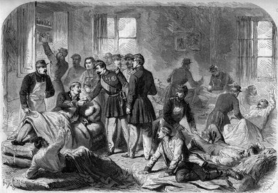 21 मई 1859 को वोघेरा में तात्कालिक एम्बुलेंस में मोंटेबेलो की लड़ाई के घावों के लिए सम्राट नेपोलियन III की यात्रा। मौलिन द्वारा एक स्केच से उत्कीर्णन। द्वारा फ्रेंच स्कूल