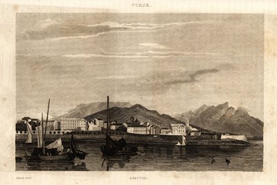 Vue d'Ajaccio, कोर्सिका, 1836 से उत्कीर्ण। द्वारा फ्रेंच स्कूल