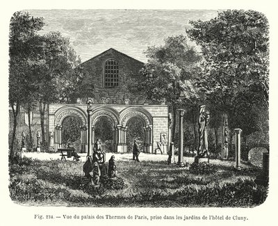 Hotel de Cluny (उत्कीर्णन) के बगीचों में लिया गया, Palais des Thermes de Paris का दृश्य द्वारा फ्रेंच स्कूल