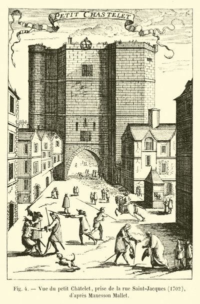 नन्ही चाटलेट का दृश्य, रूए सेंट-जैक्स, 1702, मैनसन मैलेट से लिया गया द्वारा फ्रेंच स्कूल
