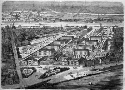 1863 में नैनटेस में होटल डीयू (होटल-डीयू) का बाहरी दृश्य उद्घाटन किया गया। 1943 में एक बमबारी के दौरान यह अस्पताल लगभग पूरी तरह से नष्ट हो गया था। लॉयर अटलांटिक (44)। 5 दिसंबर, 1863 के "" ले मोंडे इलस्ट्रे "" एन ° 347 में उत्कीर्णन। द्वारा फ्रेंच स्कूल