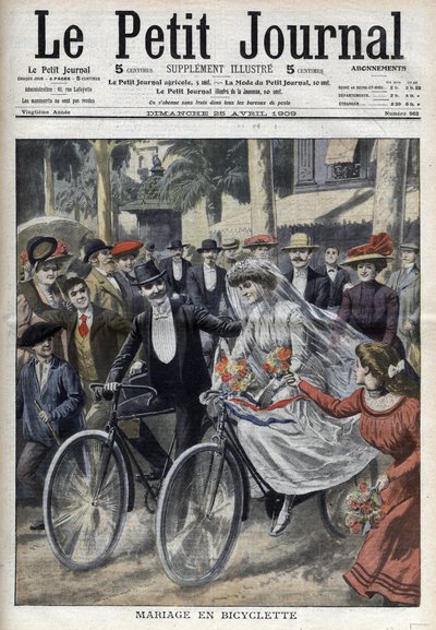 25 अप्रैल 1909 के "ले पेटिट जर्नल" में नीस के टाउन हॉल के प्रांगण में साइकिल से शादी (उत्कीर्णन) द्वारा फ्रेंच स्कूल
