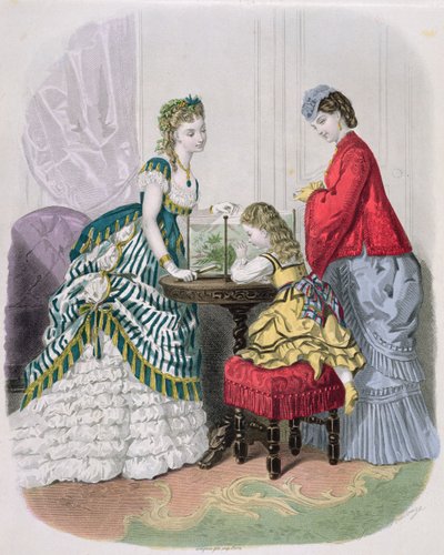 महिलाओं और एक बच्चा, ला मोड इलस्ट्रेशन से एक मछलीघर को देख रहा है, c.1870 द्वारा फ्रेंच स्कूल