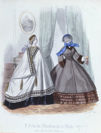 केप और कोट में महिलाएं, लेको डू मोनाइटुर डी ला मोड से फैशन प्लेट, 1856-7 द्वारा फ्रेंच स्कूल