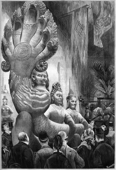पेरिस में विश्व प्रदर्शनी १८७८: डेलापोर्ट मिशन द्वारा कंबोडिया से रिपोर्ट की गई कंबोडियन जायंट्स और पॉलीसेफल सर्प की मूर्तियाँ, ट्रोकाडेरो रेट्रोस्पेक्टिव गैलरी में प्रदर्शित की गईं। 1 नवंबर के "" ले मोंडे इलस्ट्र्रे"" एन °1127 में उत्क द्वारा फ्रेंच स्कूल