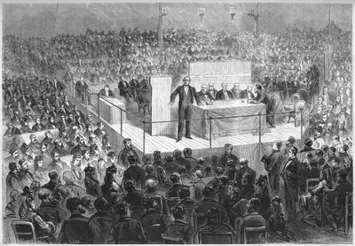 लेखक अर्नेस्ट लेगौवे (1807-1903) 1870 के युद्ध की समाप्ति के बाद से जर्मनी के कब्जे वाले फ्रांसीसी विभागों को छुड़ाने के लिए धन जुटाने के लिए आयोजित "देशभक्ति बैठक" की अध्यक्षता करते हैं। पेरिस, चैंप्स एलिसीज़ का सर्कस, फरवरी २५ द्वारा फ्रेंच स्कूल