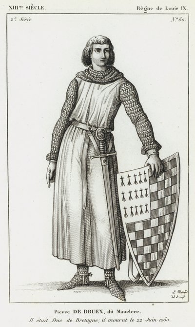 XIII सदी, लुईक्स IX का शासन, पियरे डी ड्रूक्स, जिसे मौक्लेरे के नाम से जाना जाता है, वह ब्रिटनी का ड्यूक था; 22 जून, 1250 को उनकी मृत्यु हो गई (उत्कीर्णन) द्वारा फ्रेंच स्कूल