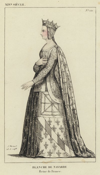 XIV Siecle, Blanche de Navarre, Reine de France (रंगीन उत्कीर्णन) द्वारा फ्रेंच स्कूल