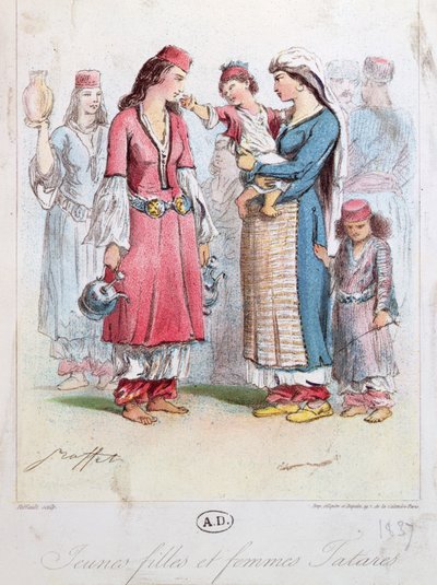 यंग टार्टर गर्ल्स एंड वीमेन, 1837 (रंग उत्कीर्णन) द्वारा फ्रेंच स्कूल