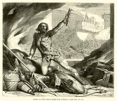 ज़ांबरी अपने परिवार के साथ महल में जलता है (उत्कीर्णन) द्वारा फ्रेंच स्कूल