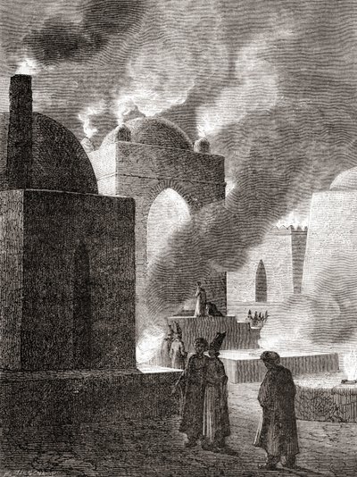 अज़रबैजान के बाकू में एक अग्नि मंदिर में पारसी अग्नि उपासक, 'लेस मर्वेल्स डे ला साइंस' से, प्रकाशित c.1870 (उत्कीर्णन) द्वारा फ्रेंच स्कूल