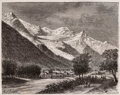 शैमॉनिक्स घाटी और मोंट ब्लैंक - वीए माल्ट-ब्राउन द्वारा "ला फ्रांस चित्रण: भूगोल, इतिहास, सांख्यिकीय प्रशासन" में उत्कीर्णन। 1884 द्वारा फ्रेंच स्कूल