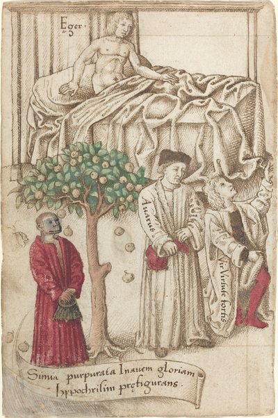 एक बीमार आदमी, एक अच्छे आदमी और एक कंजूस के साथ बैंगनी रंग का एक वानर [fol। 36 छंद] द्वारा 16वीं सदी की शुरुआत में फ्रेंच