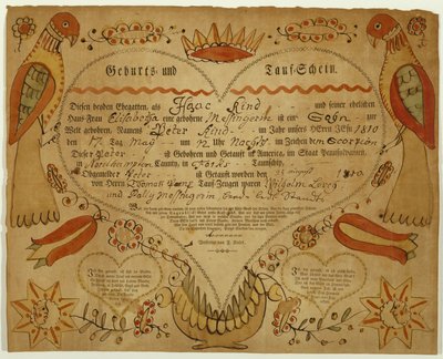 जन्म और बपतिस्मा प्रमाणपत्र, सी। 1790-1800 (ऑक्सगैल स्याही, वॉटरकलर, और रखी कागज पर उत्कीर्णन) द्वारा फ्रेडरिक क्रेब्स