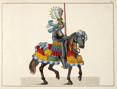 टूर्नामेंट के रास्ते में एक शूरवीर, कार्ल हॉफ़मैन द्वारा 1842 में प्रकाशित डॉ फ्रांज़ कॉटनकैम्प द्वारा &39;ए हिस्ट्री ऑफ द डेवलपमेंट एंड कस्टम्स ऑफ कस्टम्स ऑफ चिव्री&39; से प्लेट द्वारा फ्रेडरिक मार्टिन वॉन रिबिस्क