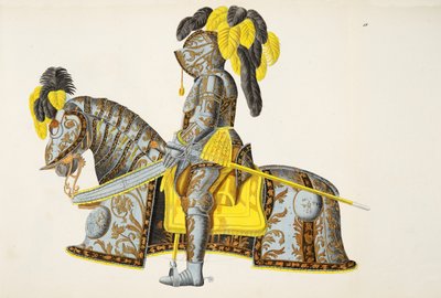 1842 में कार्ल हॉफमैन द्वारा प्रकाशित डॉ। फ्रांज कोटेन्कम्प द्वारा &39;ए हिस्ट्री ऑफ द डेवलपमेंट एंड कस्टम्स ऑफ क्वीवलरी ऑफ द डेवलपमेंट एंड कस्टम्स ऑफ चिव्रीरी&39; से कवच पहना गया। द्वारा फ्रेडरिक मार्टिन वॉन रिबिस्क