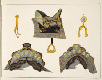 सैडल और स्पर्स, कार्ल ए हॉफ़मैन द्वारा 1842 में प्रकाशित डॉ फ्रांज़ कॉटनकैम्प द्वारा &39;ए हिस्ट्री ऑफ द डेवलपमेंट एंड कस्टम्स ऑफ कस्टम्स ऑफ चिव्रीरी&39; से प्लेट। द्वारा फ्रेडरिक मार्टिन वॉन रिबिस्क