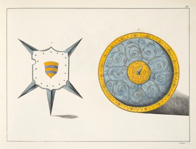 शील्ड, 1842 में डॉ। फ्रांज कॉटनकैम्प द्वारा प्रकाशित &39;ए हिस्ट्री ऑफ द डेवलपमेंट एंड कस्टम्स ऑफ कस्टम्स ऑफ चिवेरी&39; से प्लेट द्वारा फ्रेडरिक मार्टिन वॉन रिबिस्क