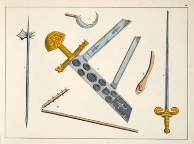 कार द्वारा प्रकाशित कार्ल हॉफमैन, 1842 किटनकैंप द्वारा प्रकाशित डॉ। फ्रांज क्वॉटकैंप द्वारा &39;ए हिस्ट्री ऑफ द डेवलपमेंट एंड कस्टम्स ऑफ क्वीन्स ऑफ चाइलरी&39; से स्पिकेड लांस, फ्लेल एंड डस्क, प्लेट। द्वारा फ्रेडरिक मार्टिन वॉन रिबिस्क