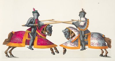 एक टूर्नामेंट में दो शूरवीरों, &39;ए हिस्ट्री ऑफ द डेवलपमेंट एंड कस्टम्स ऑफ कस्टम्स ऑफ चिव्रीरी&39; से प्लेट, कार्ल फ्रॉफमैन द्वारा प्रकाशित डॉ। फ्रांज कोटनकैम्प, 1842 द्वारा फ्रेडरिक मार्टिन वॉन रिबिस्क