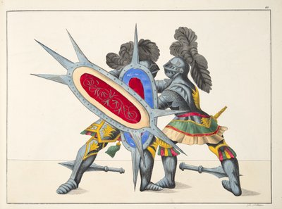 दो शूरवीरों की लड़ाई, &39;ए हिस्ट्री ऑफ द डेवलपमेंट एंड कस्टम्स ऑफ कस्टम्स ऑफ चिवेरी&39;, डॉ। फ्रांज कोटनकैम्प द्वारा, कार्ल हॉफमैन द्वारा प्रकाशित, 1842 में प्लेट द्वारा फ्रेडरिक मार्टिन वॉन रिबिस्क