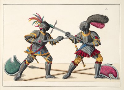 दो शूरवीरों की लड़ाई, &39;ए हिस्ट्री ऑफ द डेवलपमेंट एंड कस्टम्स ऑफ कस्टम्स ऑफ चिवेरी&39;, डॉ। फ्रांज कोटनकैम्प द्वारा, कार्ल हॉफमैन द्वारा प्रकाशित, 1842 में प्लेट द्वारा फ्रेडरिक मार्टिन वॉन रिबिस्क