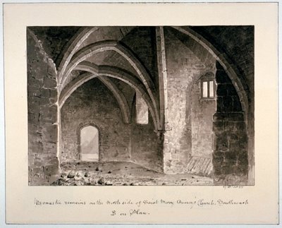 सेंट मैरी ओवरी चर्च, साउथवार्क, लंदन, 1835 के उत्तर की ओर मठवासी अवशेष। द्वारा जी बकलर