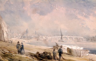 कम ज्वार पर थेम्स और ब्लैकफ्रायर्स ब्रिज, लंदन, 1847 द्वारा जी चौमोंटे