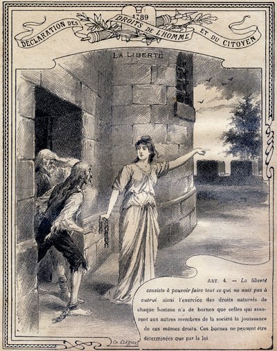 1789: मनुष्य और नागरिक के अधिकारों की घोषणा: ला लिबर्टे। में उत्कीर्णन "नैतिकता और नागरिक शिक्षा की अनूठी पुस्तक, प्राथमिक विद्यालय के तीन पाठ्यक्रमों और लाइसी और कॉलेजों की प्राथमिक कक्षाओं के छात्रों के लिए अभिप्रेत है, द्वितीय पा द्वारा जी। दासचर