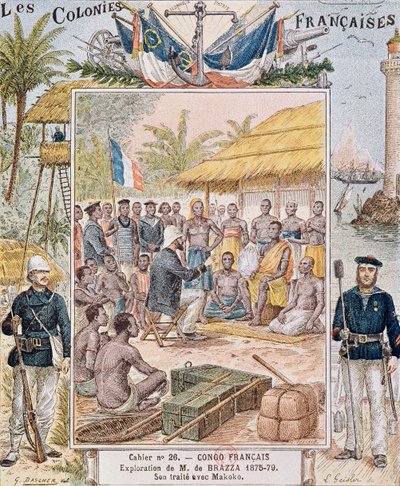 एम। डी। ब्रेज़ा की खोज (1875-79) मकोको के साथ उनकी संधि, &39;लेस कॉलोनियों लिपिसेज़&39; से चित्रण द्वारा जी। दासचर