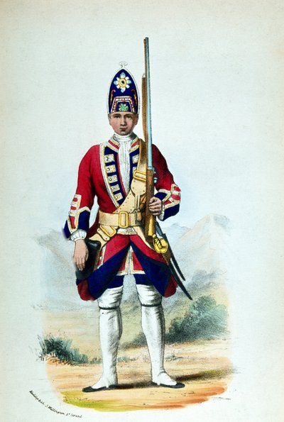 1742 में तोपों के सैन्य रिकॉर्ड के लिए रॉयल नॉर्थ ब्रिटिश फ्यूजिलर्स में एक निजी द्वारा जीई मेडले