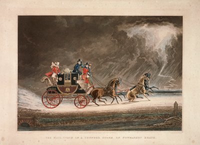 न्यूमार्केट हीथ, सफ़ोक, 1827 में तूफान में मेल कोच। द्वारा जी रीव्स