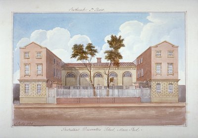 प्रोटेस्टेंट डिसेंटर्स स्कूल, भूलभुलैया तालाब, बरमोंडे, लंदन, 1825 द्वारा जी येट्स