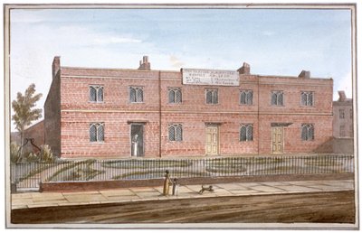 सेंट जॉर्ज फील्ड्स, साउथवार्क, लंदन में 1825 में ड्रेपर्स के आलमहाउस का दृश्य द्वारा जी येट्स
