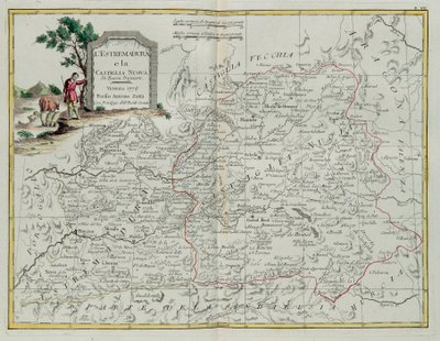 एक्स्ट्रीमादुरा और कैस्टिला ला नुवे, 1776 में वेनिस में प्रकाशित एंटोनियो जट्ट, निजी संग्रह द्वारा वेनिस में प्रकाशित नवीनतम एटलस के टोम I से लिया गया। द्वारा जी। जुलियानी
