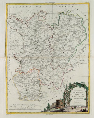 Bourgogne, Franca Contea और Lyons की सरकारें, 1777 में वेनिस में प्रकाशित एंटोनियो जट्ट, प्राइवेट कलेक्शन द्वारा वेनिस में प्रकाशित नवीनतम एटलस के टोम I से लिया गया। द्वारा जी। जुलियानी