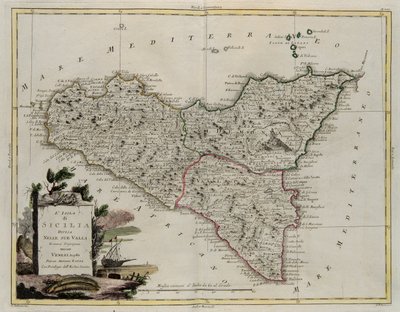 सिसिली के द्वीप, अपनी घाटियों में विभाजित, जी। जुलियानी द्वारा उत्कीर्ण, 1782 में वेनिस में प्रकाशित नवीनतम एटलस के टोम II से लिया गया, एंटोनियो जट्ट, निजी संग्रह द्वारा द्वारा जी। जुलियानी