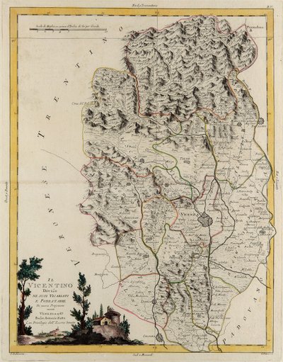 वेनेटो राज्य का भूमि क्षेत्र: विसेंज़ा का क्षेत्र अपने बिशोपिक्स और मजिस्ट्रेटों में विभाजित है, जी। ज़ुलियानी द्वारा उत्कीर्णन "नवीनतम एटलस" के टोम II से लिया गया है जो 1782 में एंटोनियो ज़ट्टा द्वारा वेनिस में प्रकाशित हुआ था, निजी संग्रह द्वारा जी। जुलियानी
